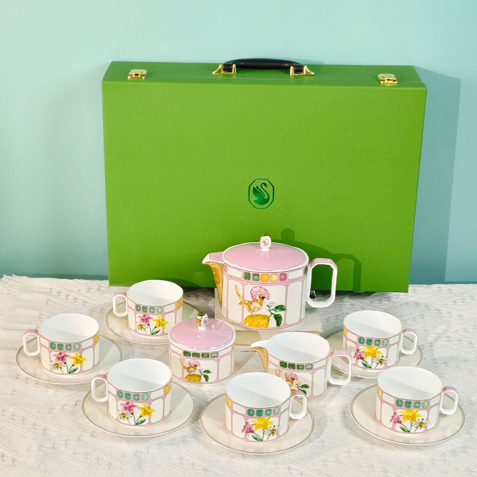 Swarovski x Rosenthal Signum Fern tea set of 15 pieces, Marshmallow color - Swarovski Cups | Aleppo Gift UAE